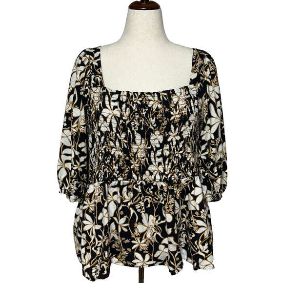 Ava & Viv Top Womens 3X Black Ivory Floral Smocked Milkmaid Square Neck Boho - Picture 1 of 8